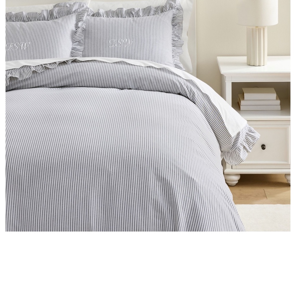 🟣 BOGO! Pottery Barn Teen Twin Ruffled Striped Gray Duvet Cover and Euro Sham